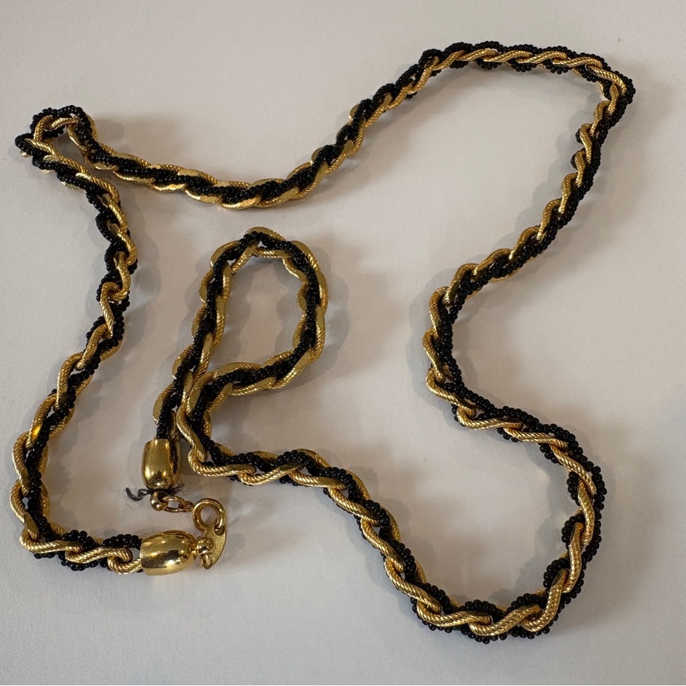 Vintage 1970s 1980s Trifari Signed Black Gold Rope Chain Necklace 24"